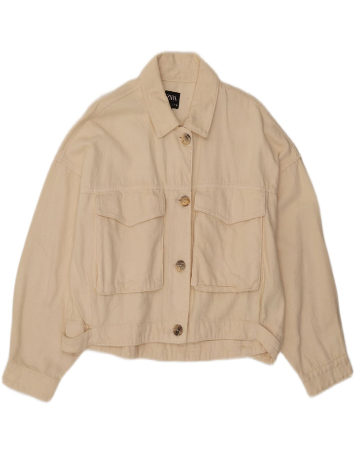 Zara Womens Crop Oversized Denim Jacket UK  16 Large Off White Cotton