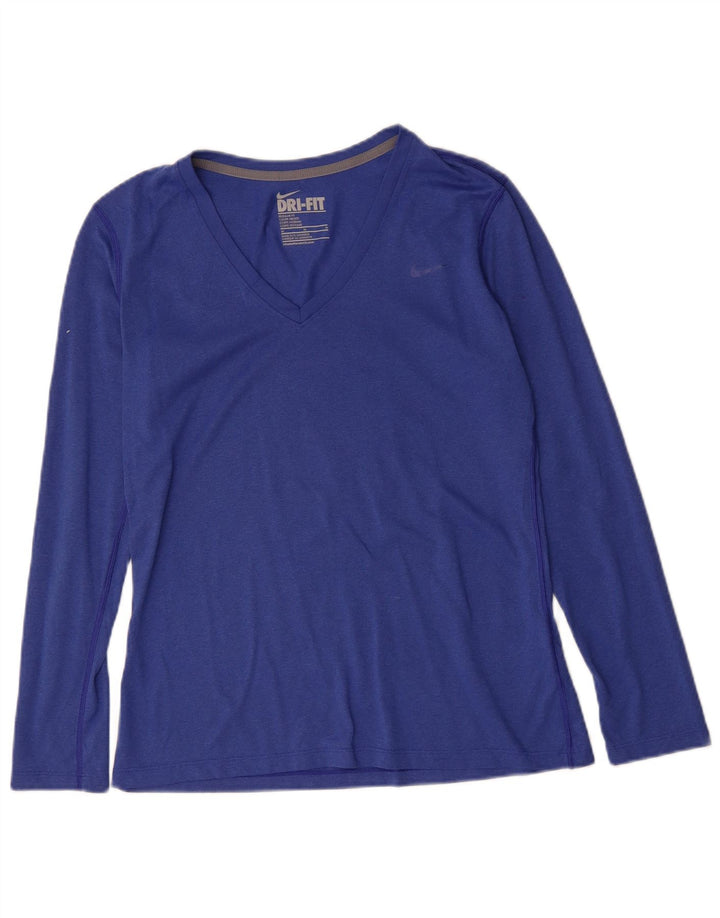 NIKE Womens Dri Fit Regular Fit Top Long Sleeve UK 14 Medium Blue