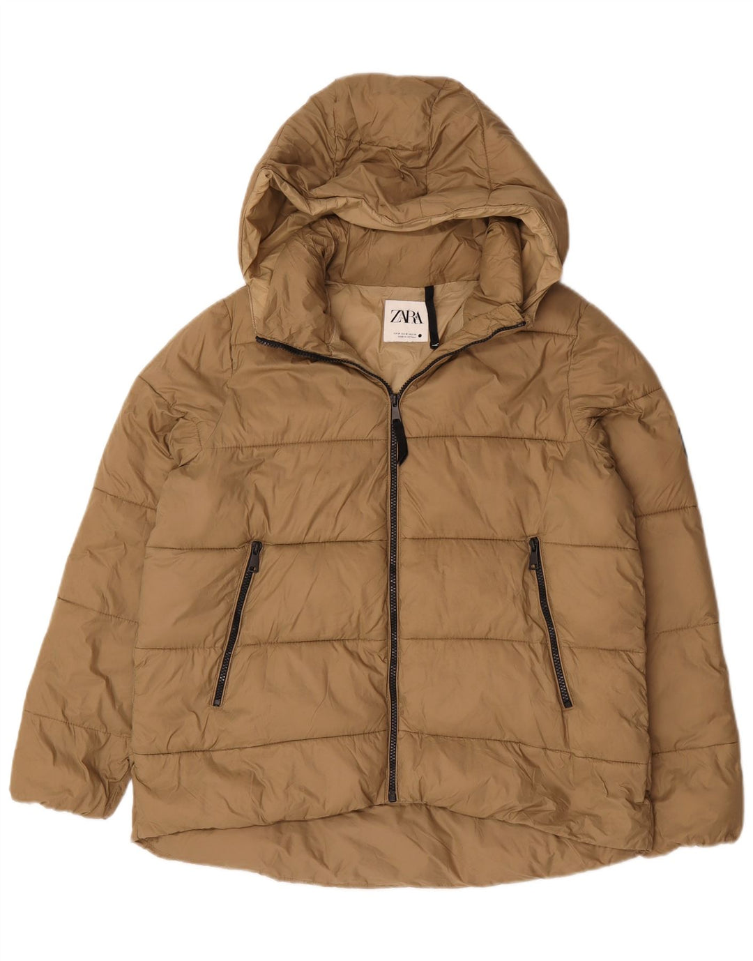 Zara Womens Hooded Oversized Padded Jacket UK 14 Medium Beige Nylon