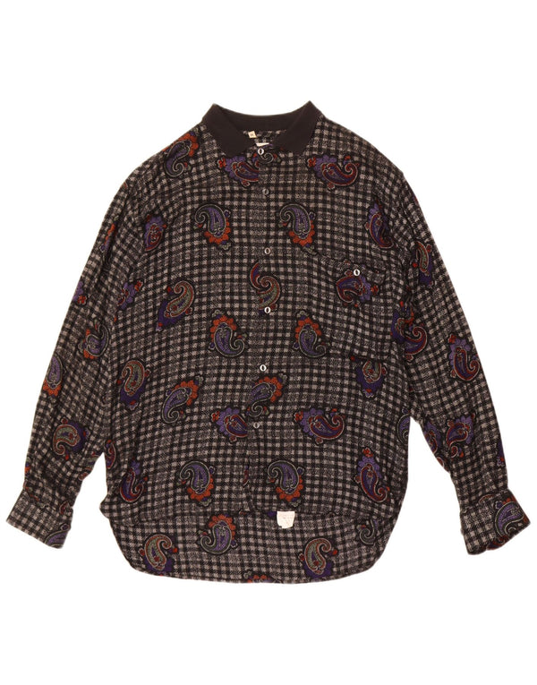 Vintage Mens Flannel Shirt Medium Black Paisley Viscose