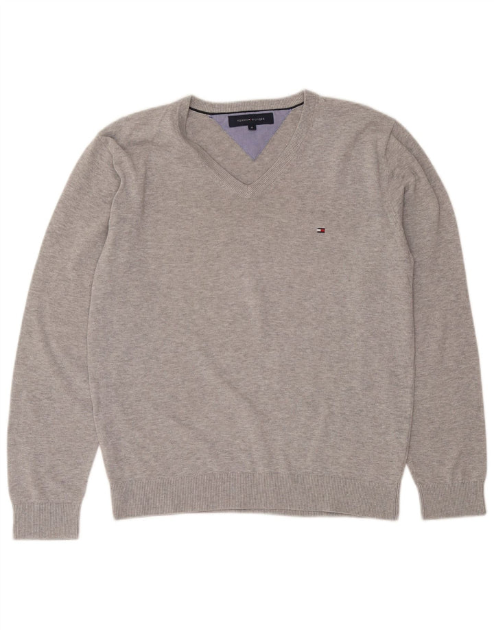 Tommy Hilfiger Mens V-Neck Jumper Sweater Medium Grey Cotton