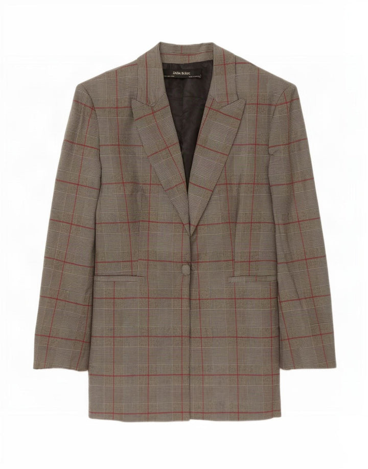 Zara Womens 1 Button Blazer Jacket UK 12 Medium Grey Check Polyester