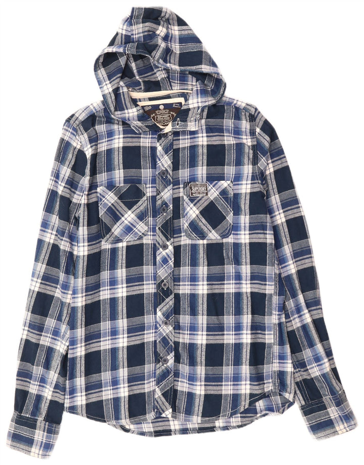 SUPERDRY Mens Hooded Flannel Shirt Medium Blue Check Cotton