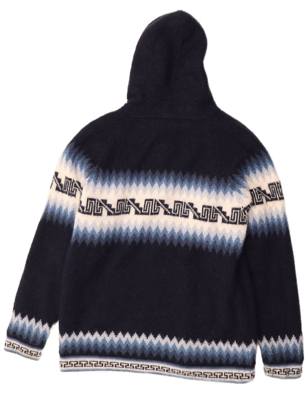 Vintage Mens Hooded Cardigan Sweater Large Navy Blue Fair Isle Aztec