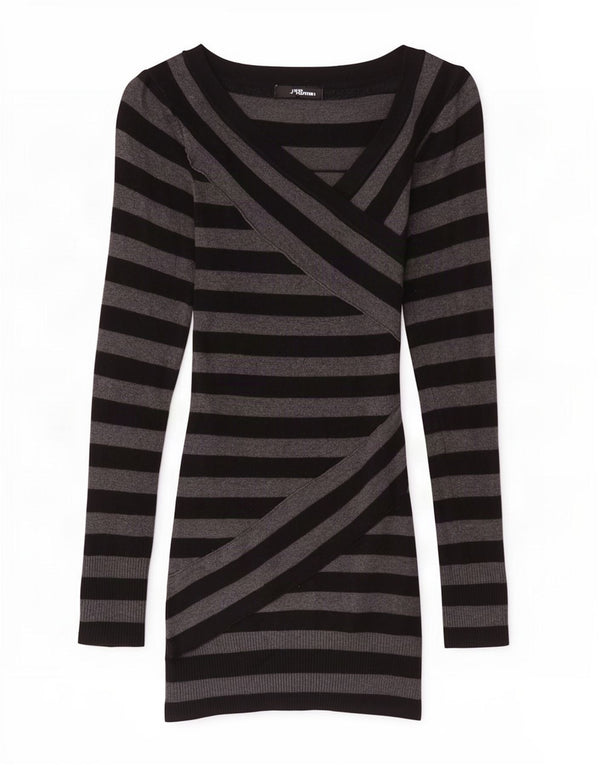 Jane Norman Womens Longline V-Neck Jumper Sweater UK 10 Small Grey Striped