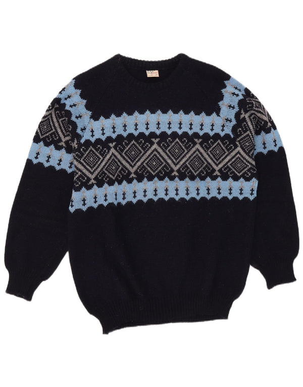 Vintage Mens Crew Neck Jumper Sweater XL Navy Blue Fair Isle Acrylic