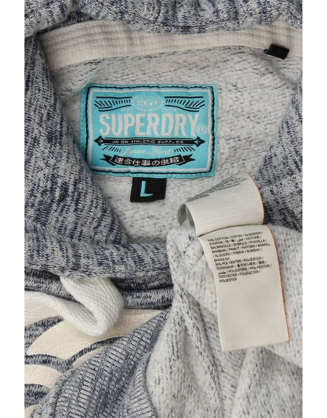 SUPERDRY Womens Graphic Hoodie Jumper UK 16 Large Navy Blue Flecked Cotton