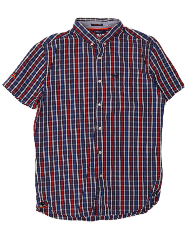SUPERDRY Mens Regular Fit Short Sleeve Shirt Medium Blue Check Cotton