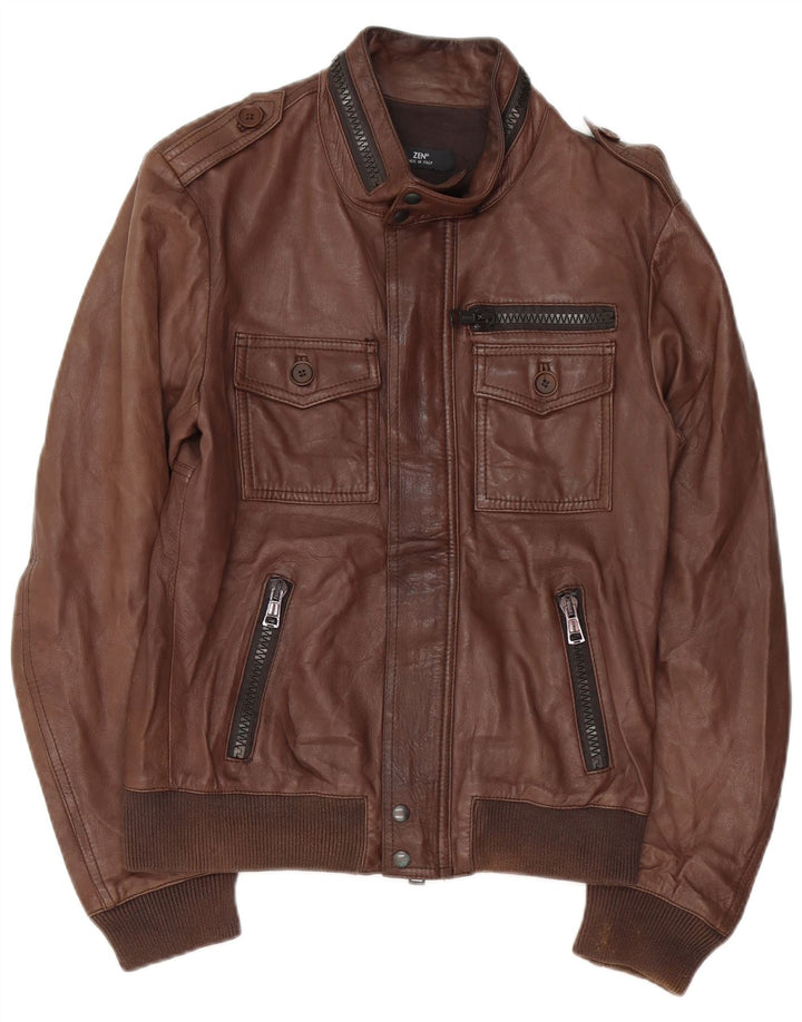 Zen Mens Military Leather Jacket IT 48 Medium Brown Leather