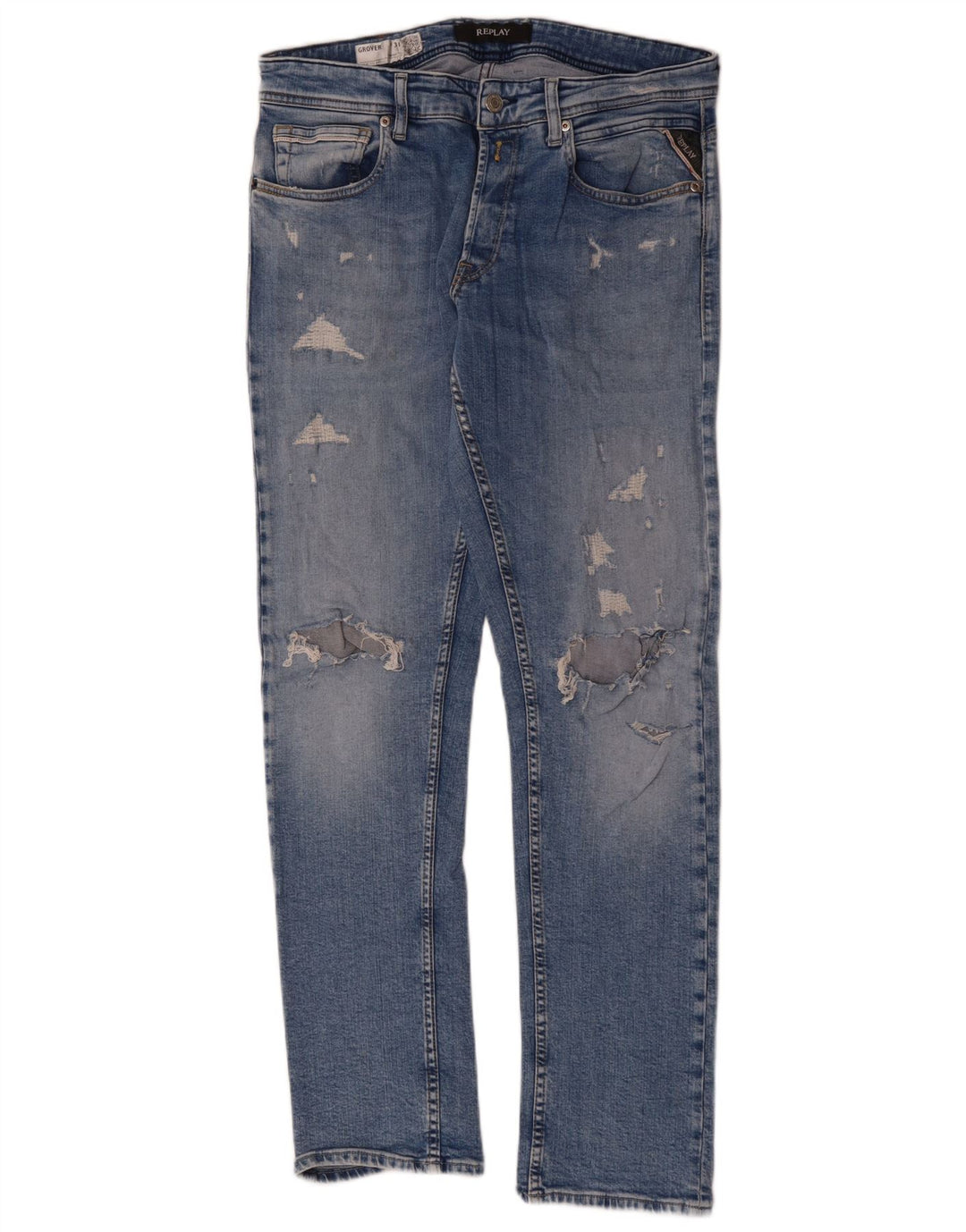 REPLAY Womens Grover Distressed Straight Jeans W31 L32 Blue Cotton