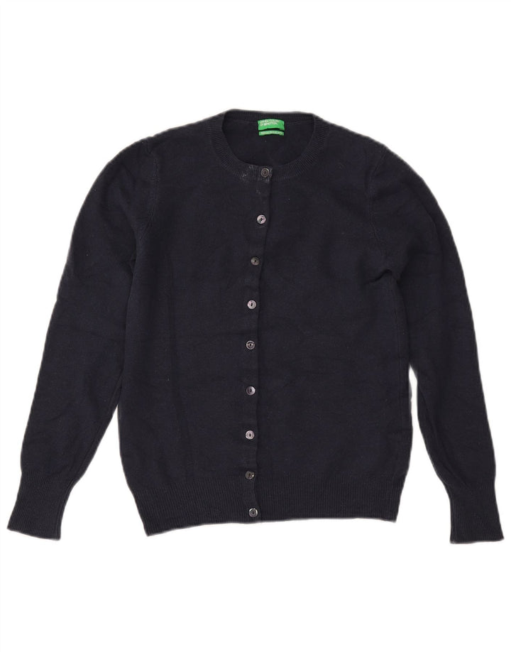 BENETTON Womens Crop Cardigan Sweater UK 6 XS Navy Blue Merino Wool
