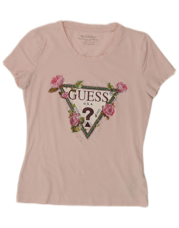 Guess Womens Graphic T-Shirt Top UK 10 Small Pink Floral Cotton