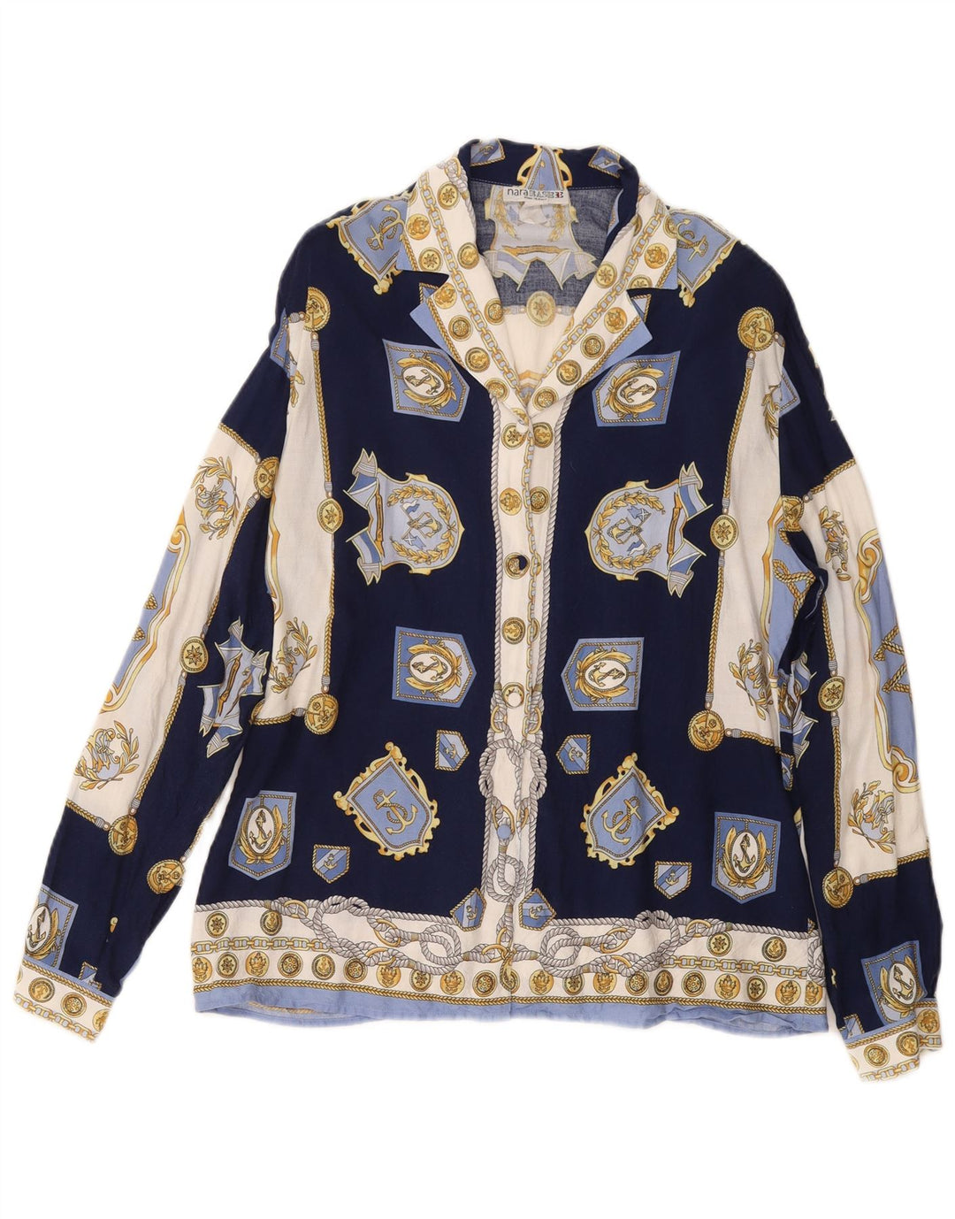 VINTAGE Womens Abstract Pattern Shirt Blouse UK 14 Medium Navy Blue