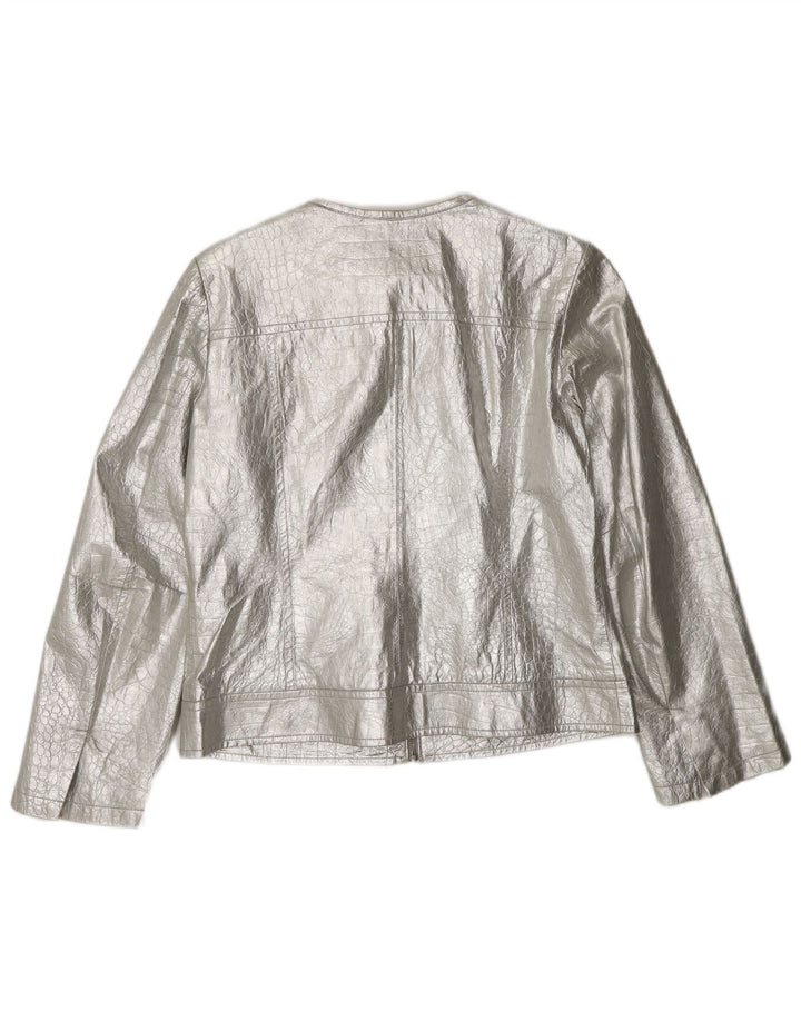 CORTEFIEL Womens Leather Jacket UK 12 Medium Silver Leather