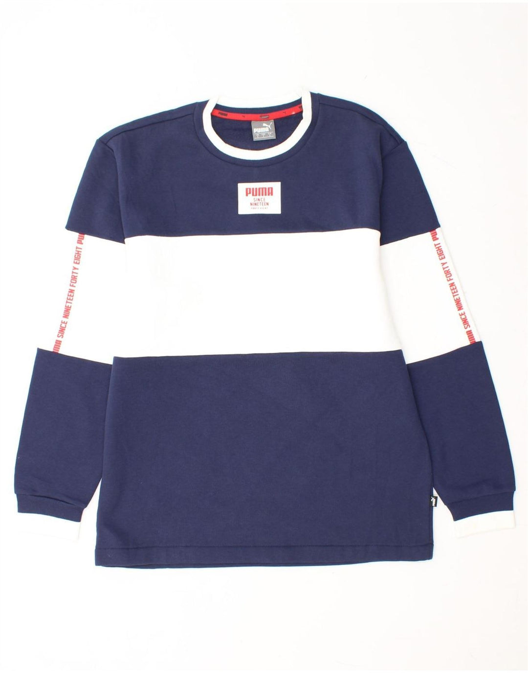 PUMA Mens Graphic Sweatshirt Jumper Small Navy Blue Colourblock