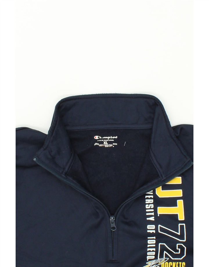 CHAMPION Mens Graphic Zip Neck Sweatshirt Jumper XL Navy Blue Polyester Vintage Champion and Second-Hand Champion from Messina Hembry 