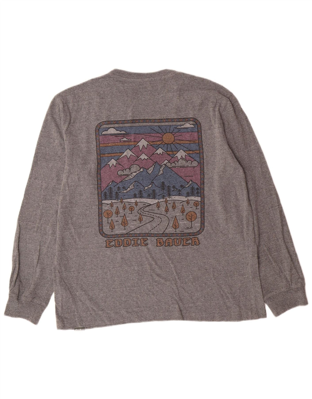 EDDIE BAUER Mens Graphic Top Long Sleeve Large Grey Cotton