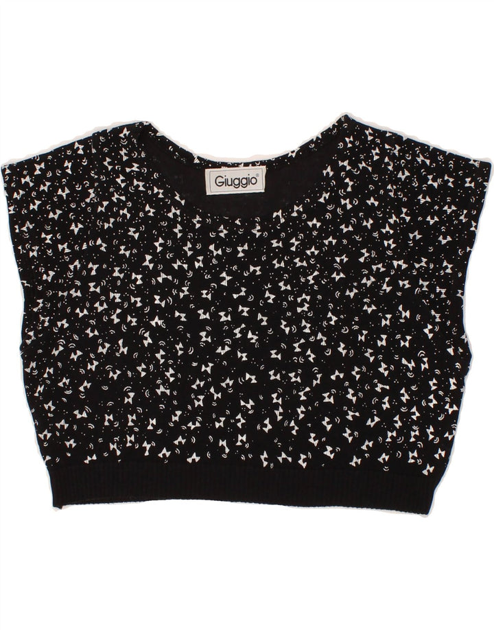 VINTAGE Womens Abstract Pattern Crop Blouse Top UK 12 Medium Black Cotton Vintage Vintage and Second-Hand Vintage from Messina Hembry 