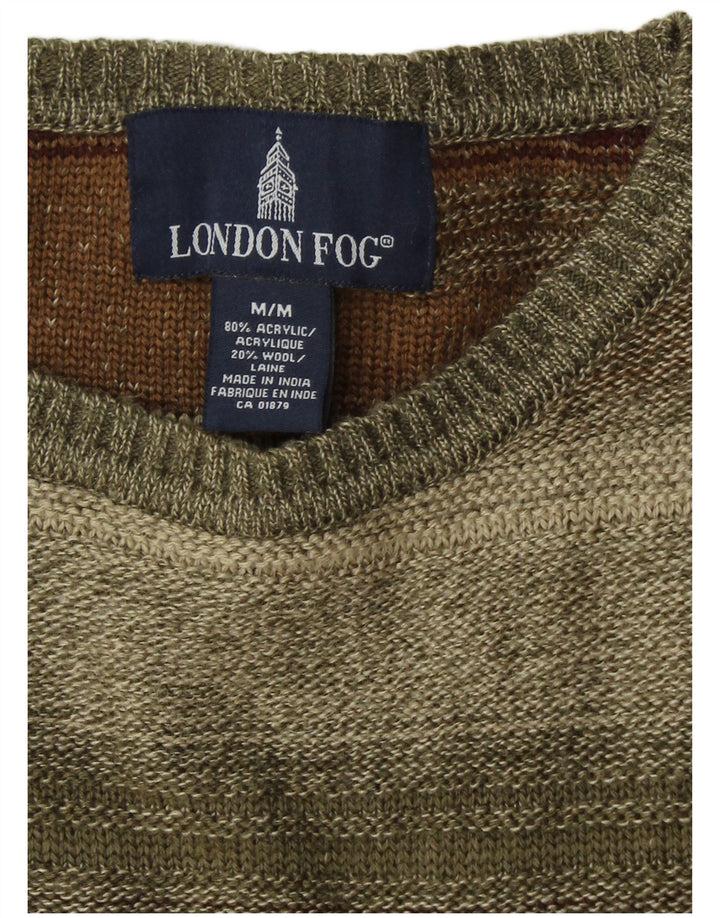 LONDON FOG Mens Crew Neck Jumper Sweater Medium Khaki Striped Acrylic