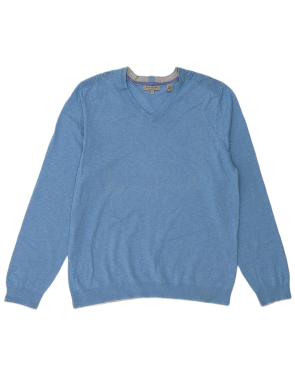 TED BAKER Mens V-Neck Jumper Sweater Size 4 Large Blue Flecked Cotton
