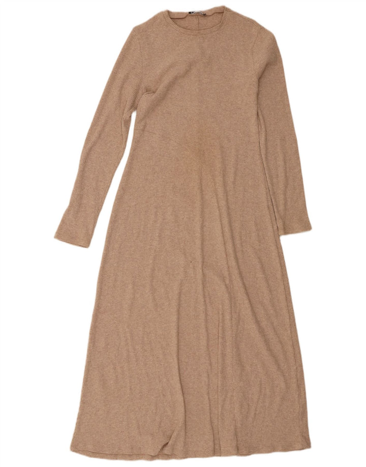 Zara Womens Long Sleeve Maxi Dress UK 12 Medium Beige