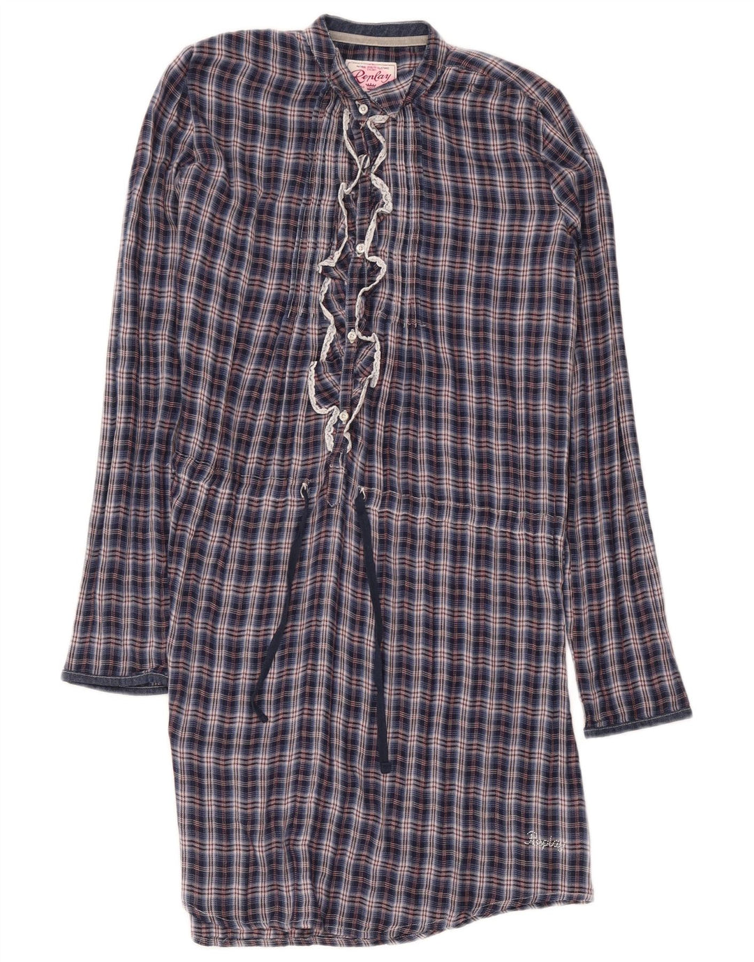 Replay Girls Ruffle Front Pullover Shift Dress 13-14 Years Navy Blue Check