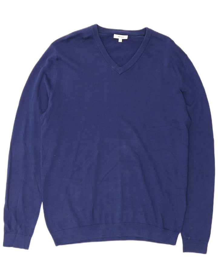 REISS Mens V-Neck Jumper Sweater Large Blue Cotton