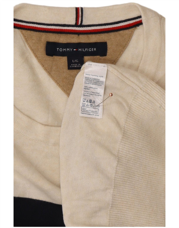 TOMMY HILFIGER Mens Crew Neck Jumper Sweater Large Off White Striped