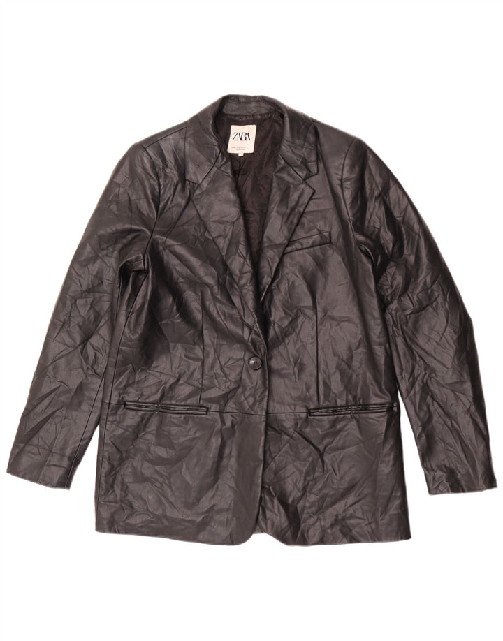 Zara Womens 1 Button Faux Leather Blazer Jacket UK 14 Medium Black