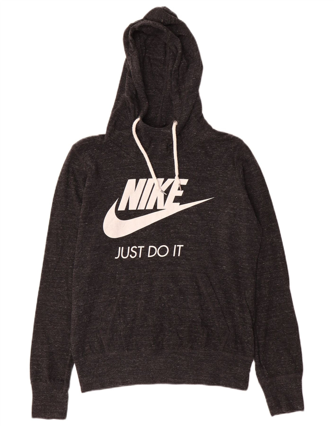 NIKE Womens Graphic Hoodie Jumper UK 14 Medium Grey Flecked Cotton