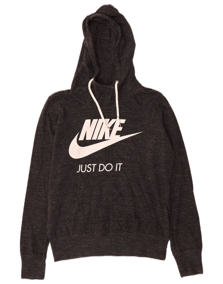 NIKE Womens Graphic Hoodie Jumper UK 14 Medium Grey Flecked Cotton