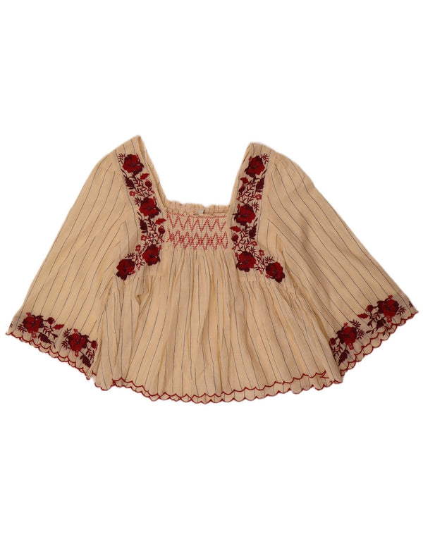 Zara Womens 3/4 Sleeve Blouse Top UK 14 Large Beige Floral Cotton