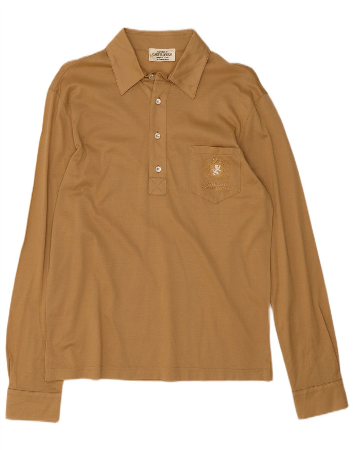 Vintage Mens Long Sleeve Polo Shirt Medium Beige