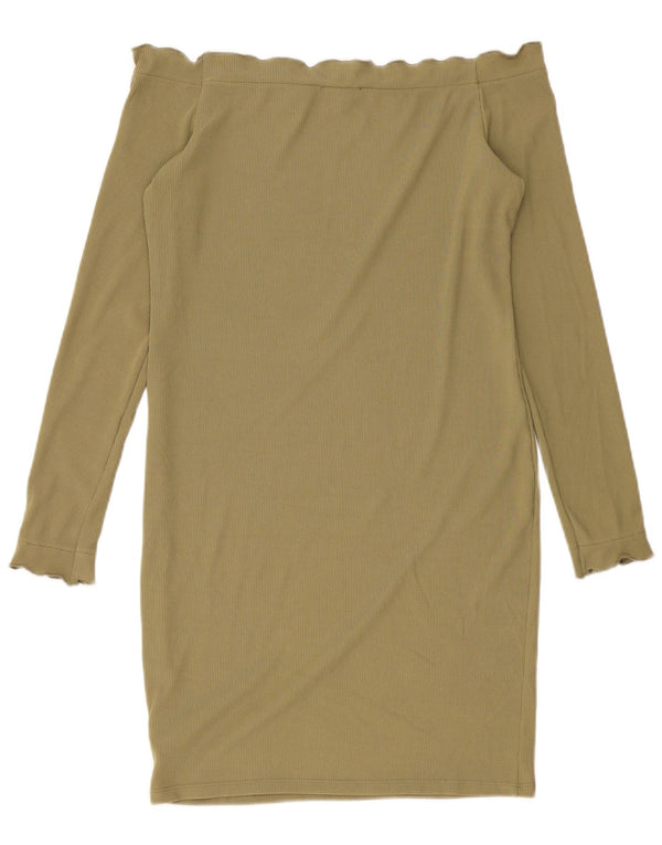 Topshop Womens Long Sleeve Off Shoulder Dress UK 14 Large Khaki Polyester