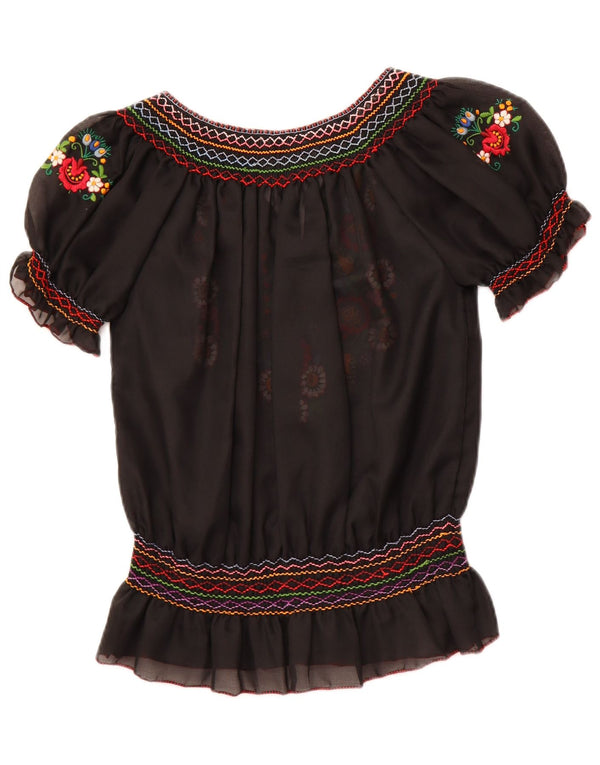 VINTAGE Womens See Through Blouse Top UK 16 Large Black Floral