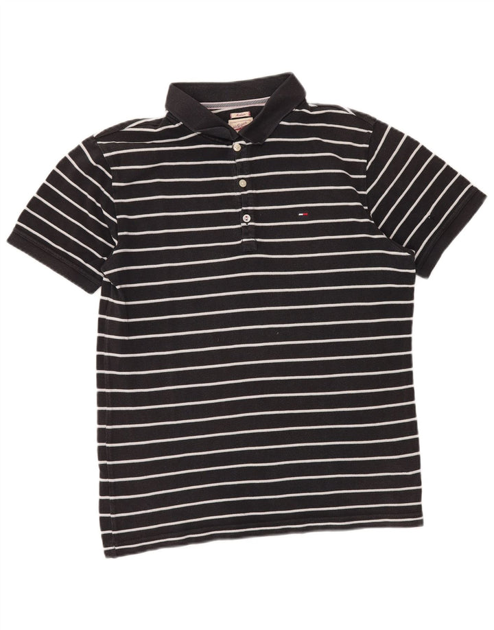 TOMMY HILFIGER Mens Polo Shirt Medium Black Striped Cotton