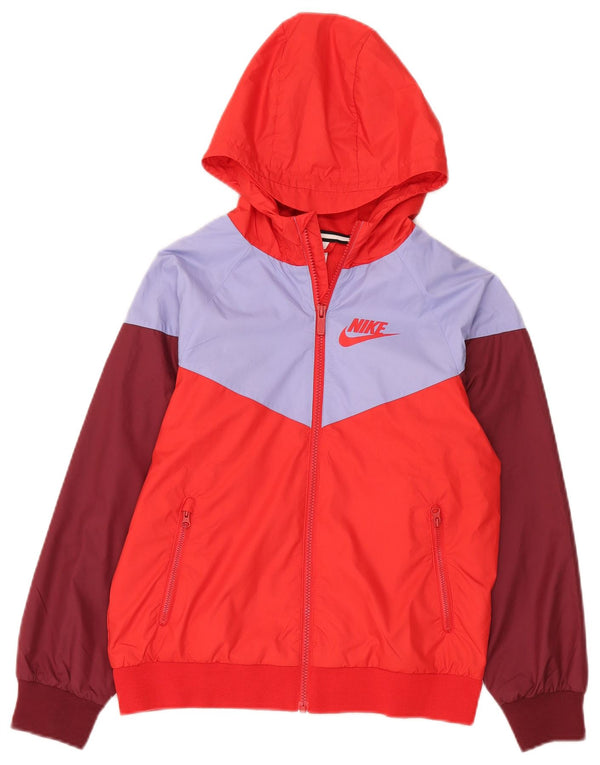 Nike Boys Hooded Rain Jacket 10-11 Years Medium Red Colourblock Polyester