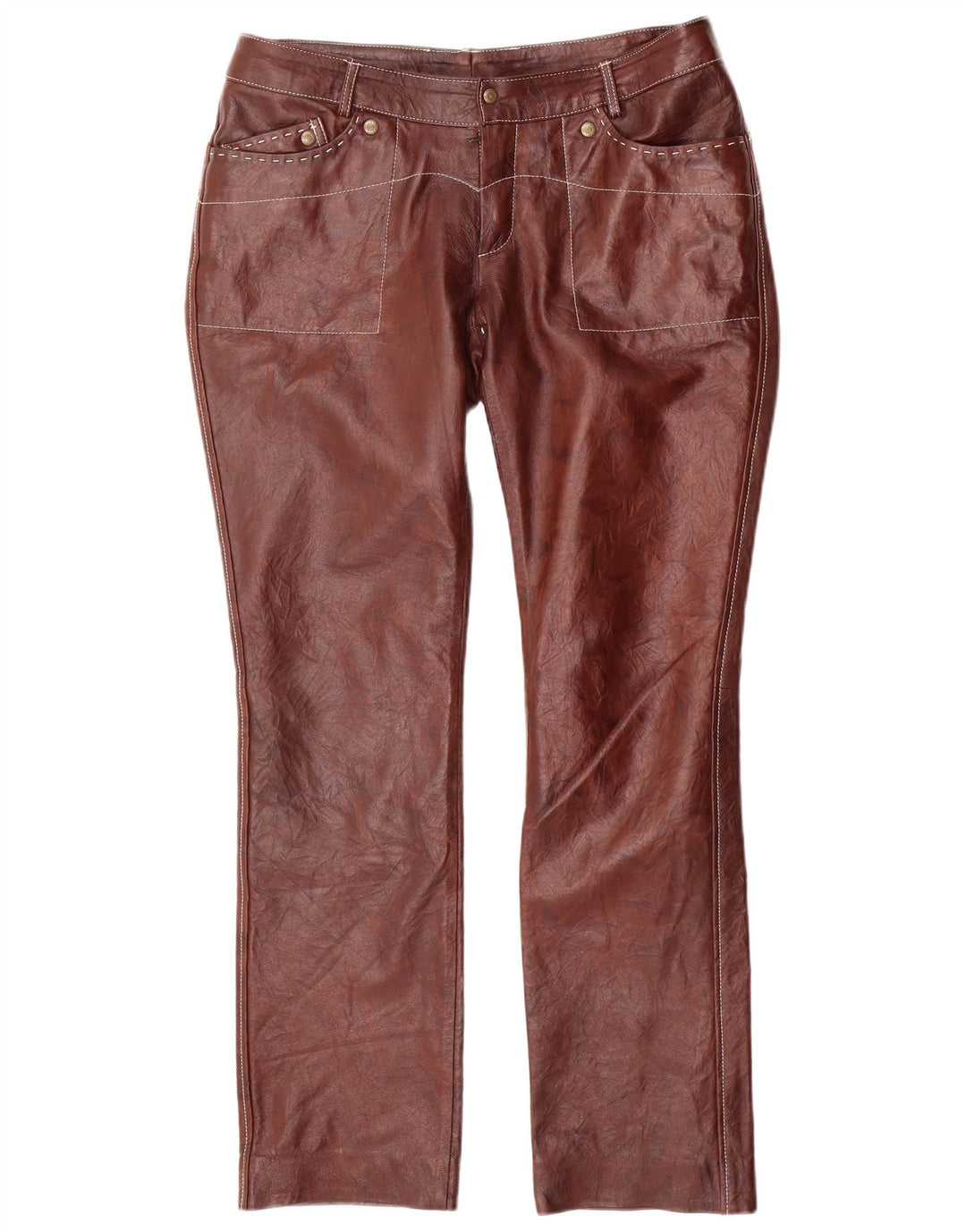 VINTAGE Womens Straight Leather Trousers W34 L31 Brown