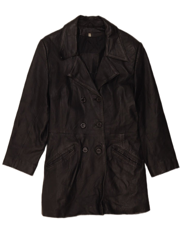 VINTAGE Womens Leather Coat UK 14 Large Black Leather