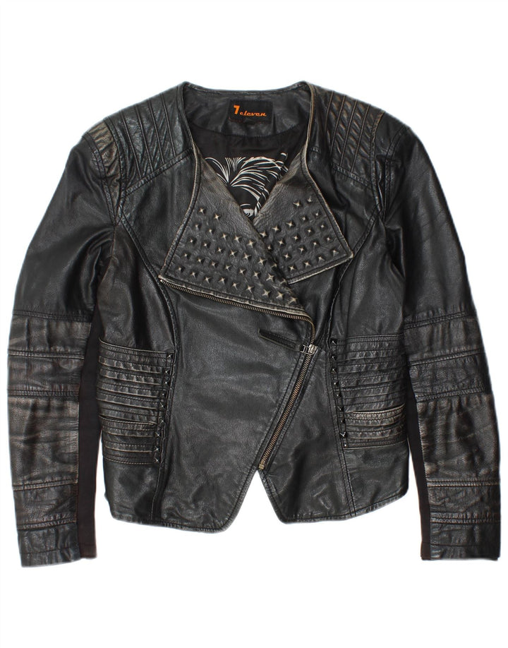 Vintage Womens Crop Leather Biker Jacket IT 40 Small Black Leather