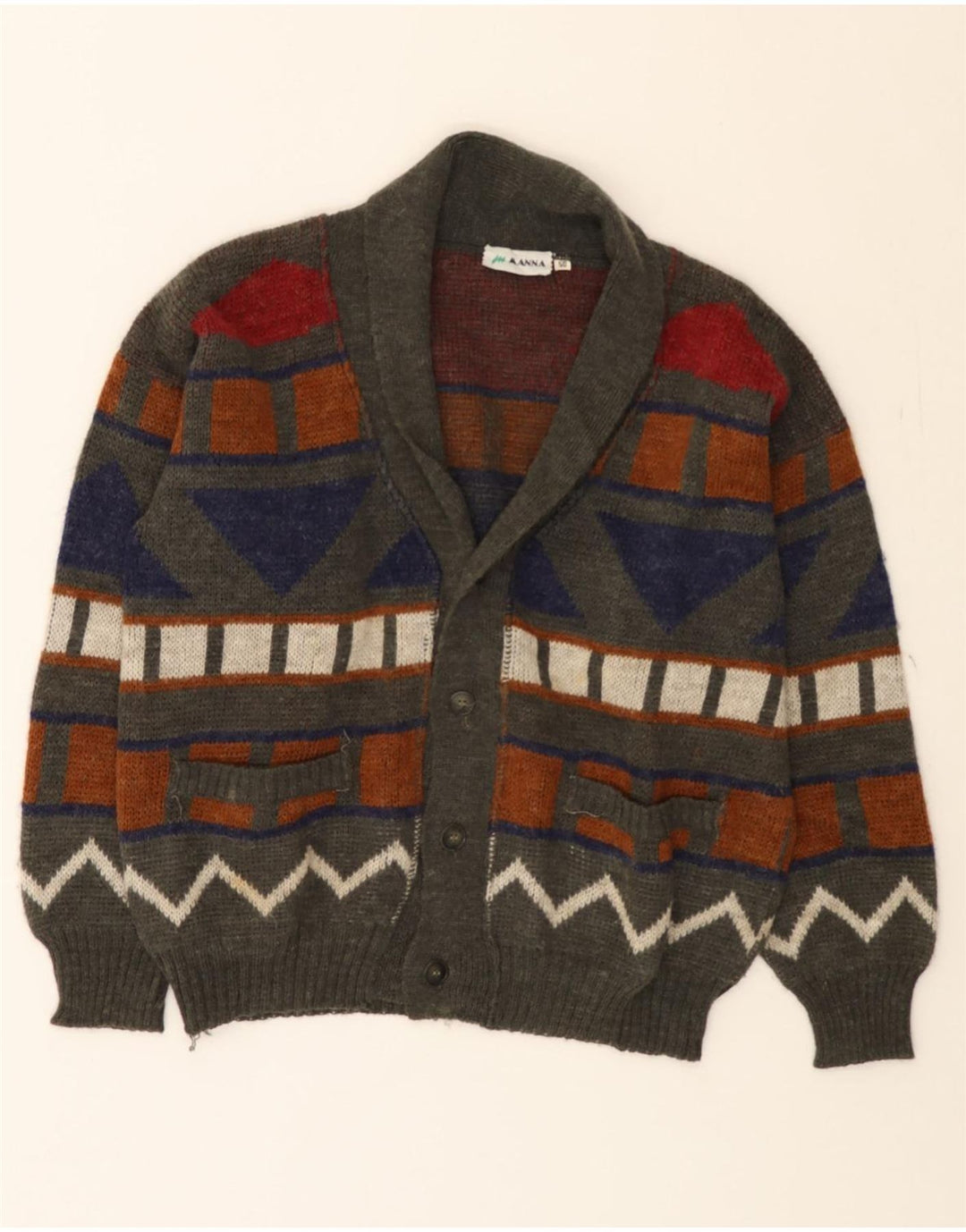 MANNA Mens Cardigan Sweater Size 50 Medium Grey Geometric Acrylic Vintage Manna and Second-Hand Manna from Messina Hembry 