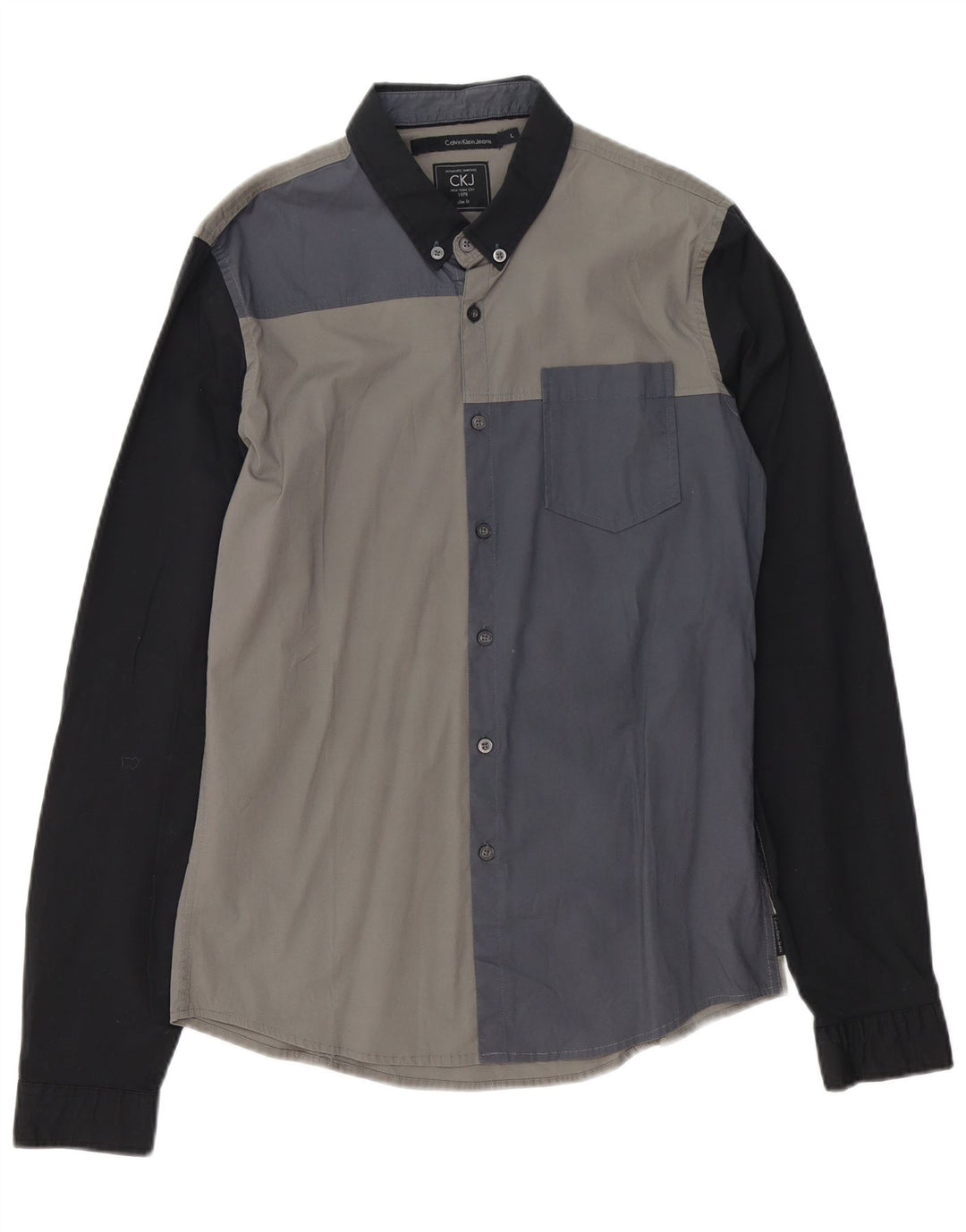 CALVIN KLEIN JEANS Mens Slim Fit Shirt Large Grey Colourblock Cotton
