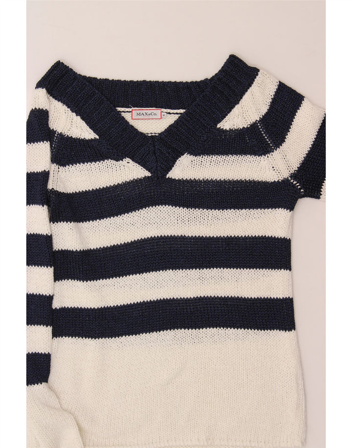 MAX & CO. Womens V-Neck Jumper Sweater UK 14 Medium Navy Blue Striped Vintage Max & Co. and Second-Hand Max & Co. from Messina Hembry 