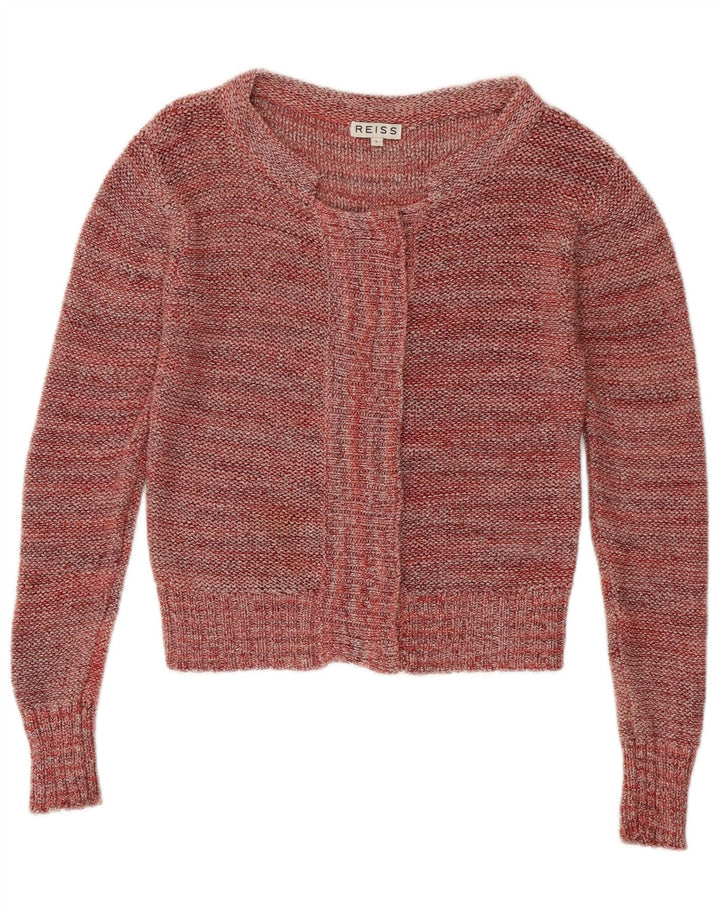 REISS Womens Crop Cardigan Sweater UK 10 Small Burgundy Flecked Cotton
