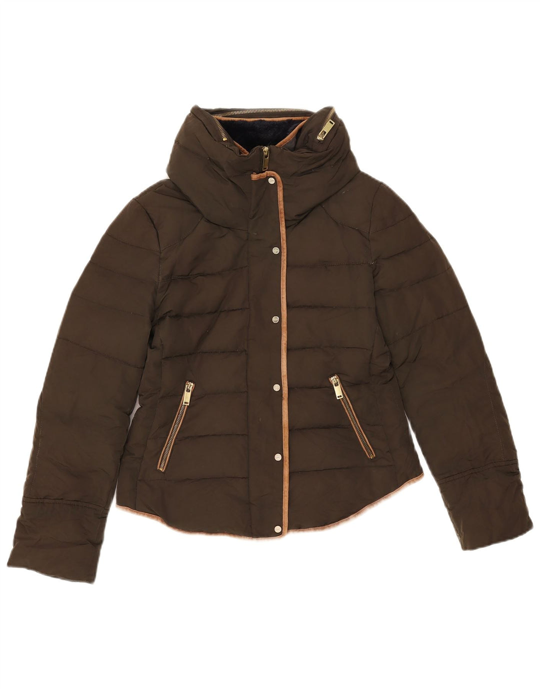 Zara Womens Hooded Padded Jacket UK 14 Medium Khaki
