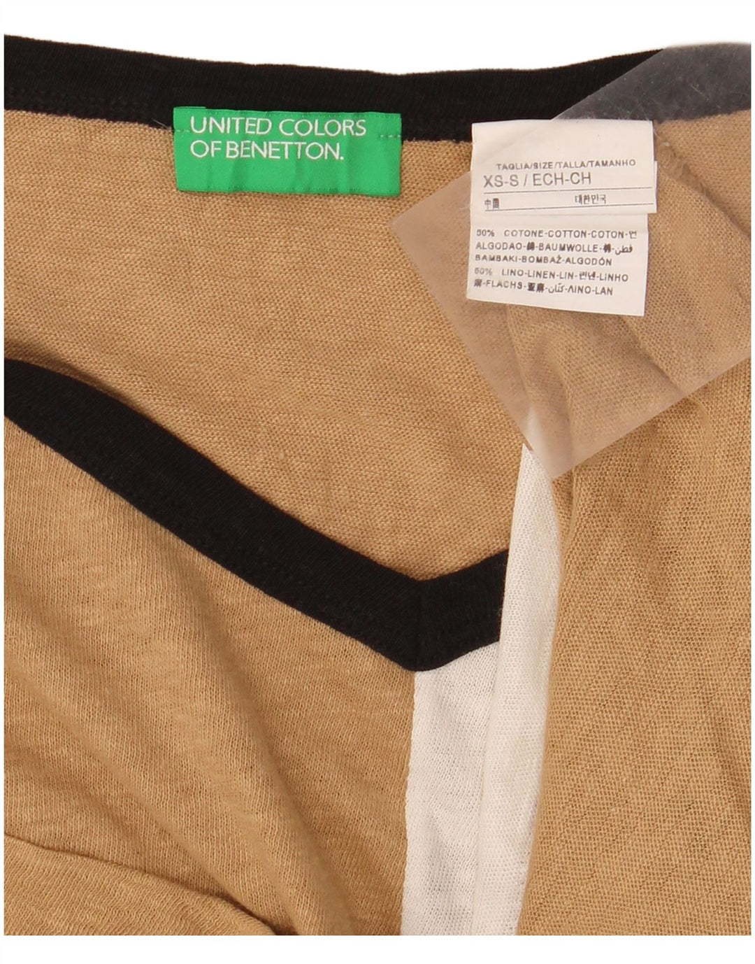 BENETTON Womens Crop Oversized T-Shirt Top UK 6 XS Beige Colourblock
