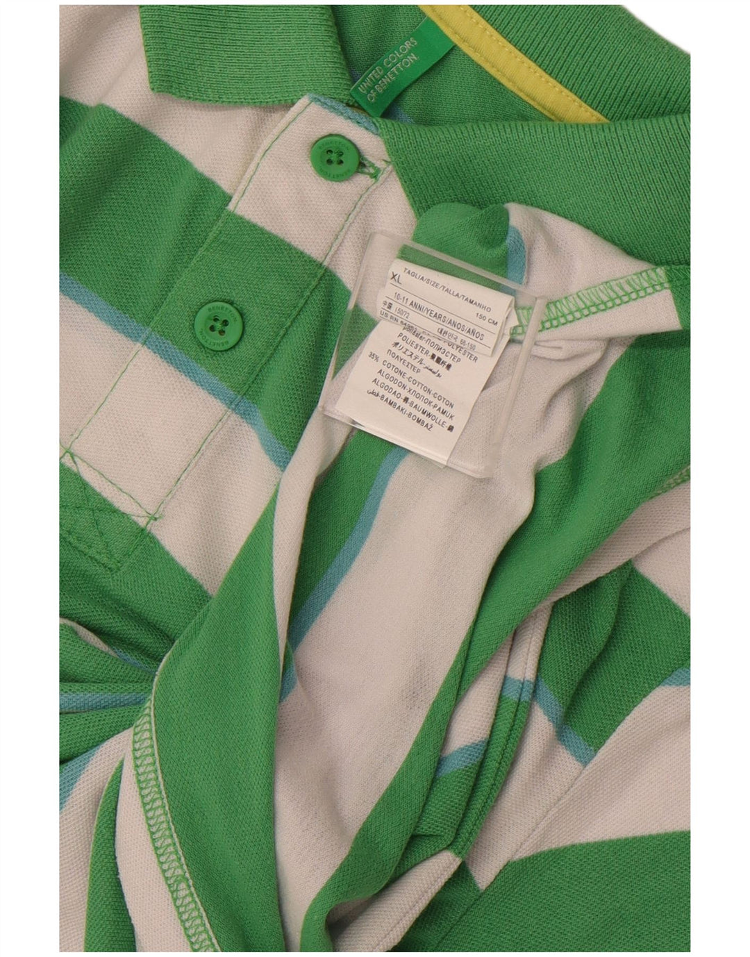 BENETTON Boys Polo Shirt 10-11 Years XL Green Striped Polyester