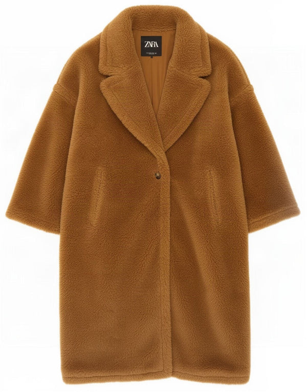 Zara Womens Teddy Bear Oversized Overcoat UK 14 Medium Brown Polyester