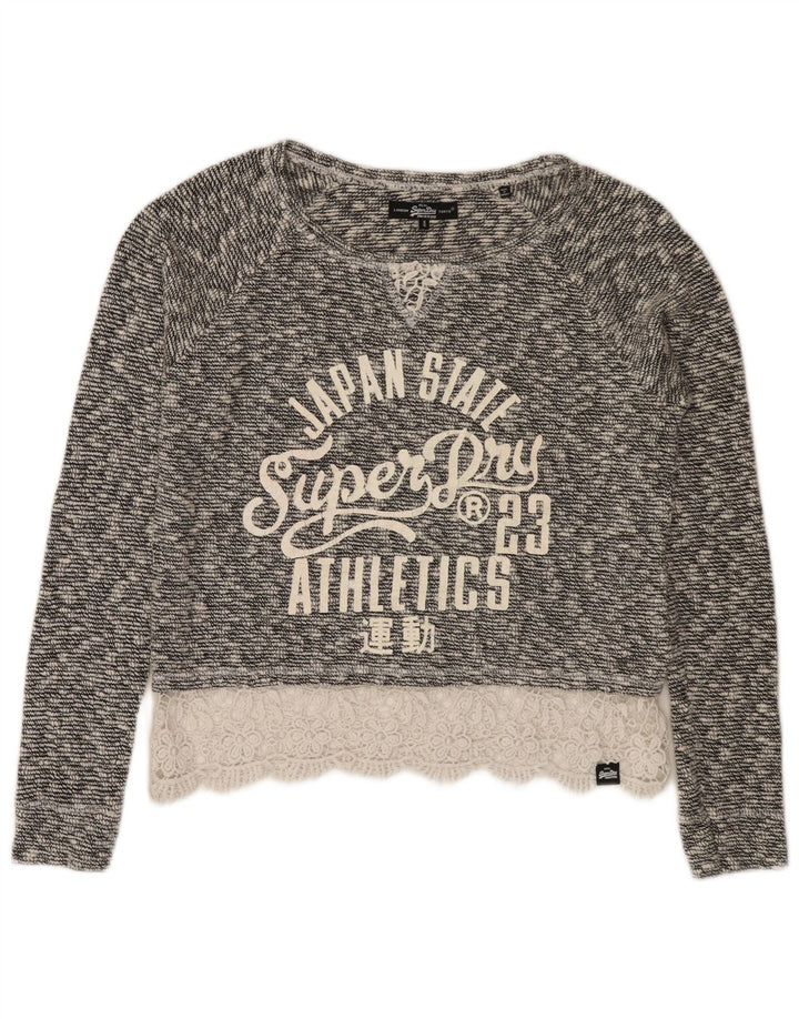 Superdry Womens Oversized Crop Boat Neck Jumper Sweater UK 6 XS Grey Cotton