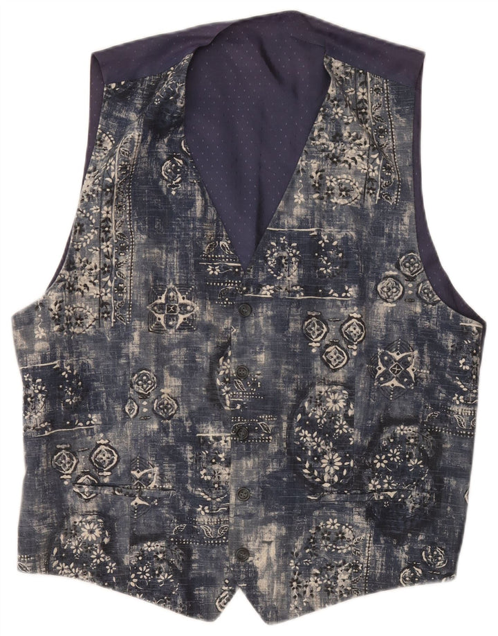 VINTAGE Mens Waistcoat Medium Navy Blue Floral
